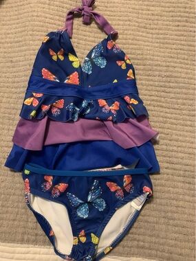 Girls Blue Butterfly Tankini Set with Purple Ruffle Accents